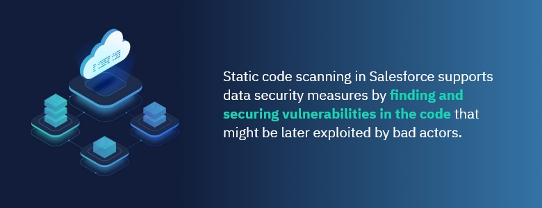 Static code scanning in Salesforce supports data security measures by finding and securing vulnerabilities in the code that might be later exploited by bad actors.